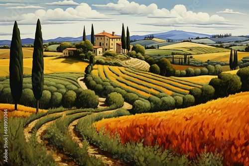 Tuscan landscape painting. Generative AI