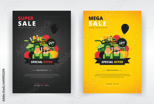 Poster, flyer or leaflet template with a design of smiling shop workers and grocery items. Suitable for black friday, seasonal or any other kind of sales event in a supermarket or retail store