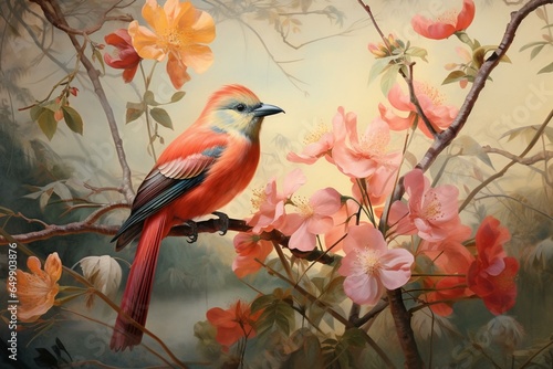 An enchanting painting capturing the beauty of a delightful bird with a captivating illustrated backdrop. Generative AI © Maren