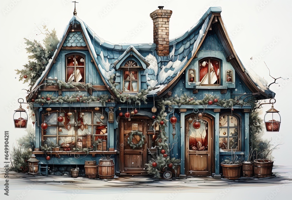 Vintage illustration of an old fashioned Christmas gift shop in winter. Generatve AI