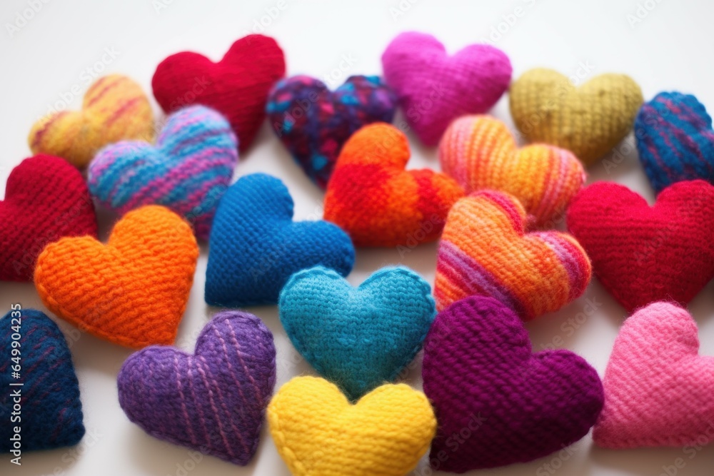 Soft Colorful woolen hearts. Heart craft on table. Generate Ai Soft Colorful woolen hearts. Heart craft on table. Generate Ai
