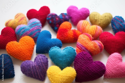 Soft Colorful woolen hearts. Heart craft on table. Generate Ai