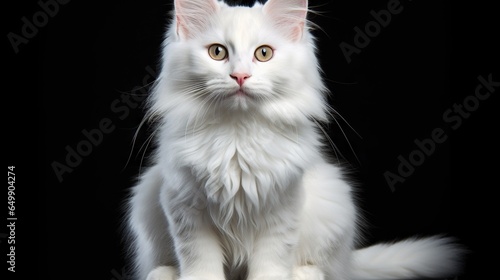  a white cat sitting on top of a black surface with a black background. generative ai