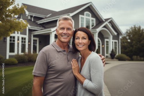 Real estate, happy family concept. Portrait of young, happy and beautiful couple standing in front of house. Generative AI