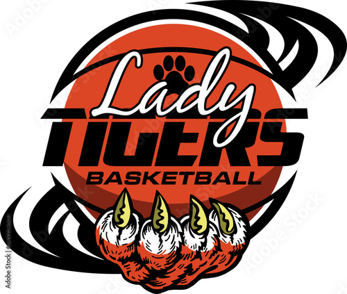 lady tigers basketball team design with paw holding ball for school, college or league sports