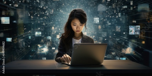  Businesswoman: Working Late into the Night, Striking a Balance Between Career and Life in the Digital Age with a Multitasking Digital Workspace and Online Connectivity