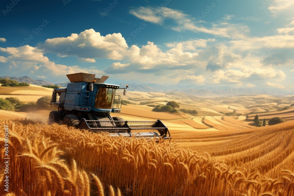Fototapeta premium Vast Combine harvest wheat field rural. Work barley. Generate Ai
