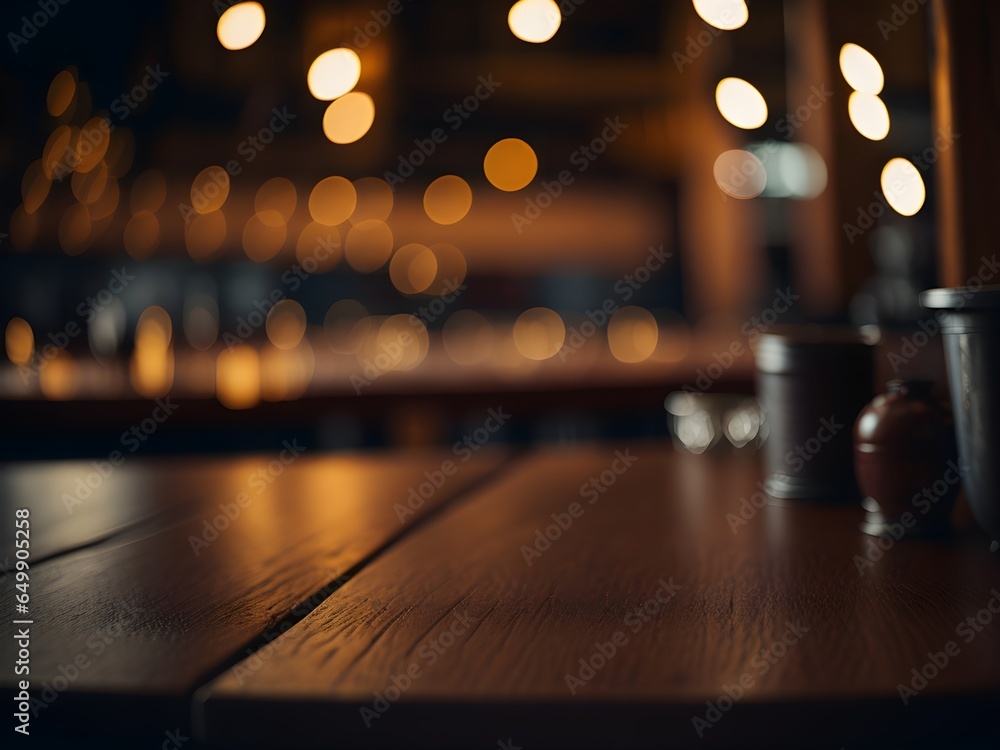 Transform any project with the cozy charm of a wooden table surrounded by the comforting embrace of cafe lighting. The soft bokeh lights from above create a magical ambiance Transform any project with the cozy charm of a wooden table surrounded by the comforting embrace of cafe lighting. The soft bokeh lights from above create a magical ambiance