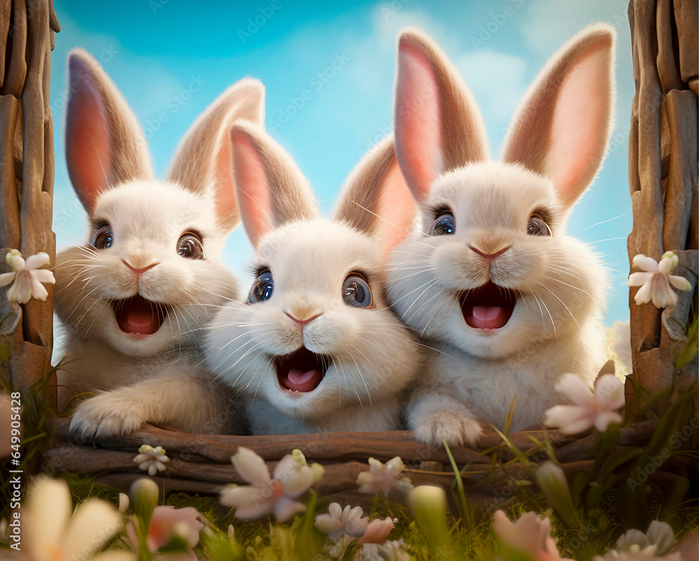 Three cutes and smiling bunnies are peeking out of a frame. Ilustration. Created with generative AI technology Three cutes and smiling bunnies are peeking out of a frame. Ilustration. Created with generative AI technology