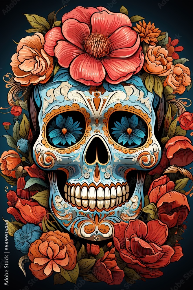 Skull decorated with colorful Day of the Dead motifs surrounded by brightly colored flowers.