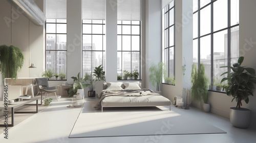 modern loft apartment with vast, floor-to-ceiling windows allowing natural light to flood the room. The color palette is a calming blend of whites, grays, and muted pastels. Sleek, contemporary furnit photo