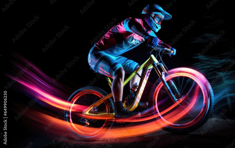Fototapeta premium Long time exposure photo of a mountain bicycle race. Generative AI