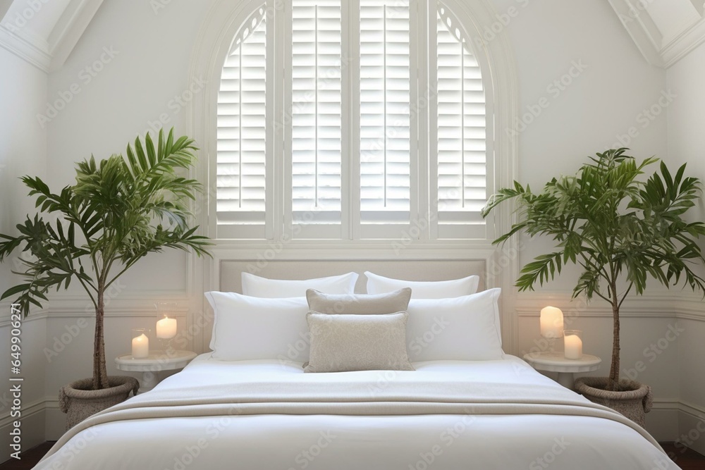 Elegant white shutters adorn bedroom with a mesmerizing indoor plantation ambiance. Generative AI - obrazy, fototapety, plakaty 