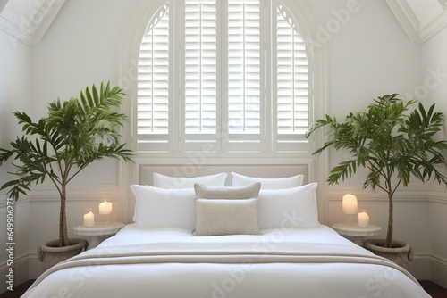 Elegant white shutters adorn bedroom with a mesmerizing indoor plantation ambiance. Generative AI photo