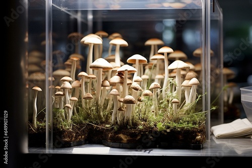 Lab-grown mushrooms for mycology study. Generative AI photo