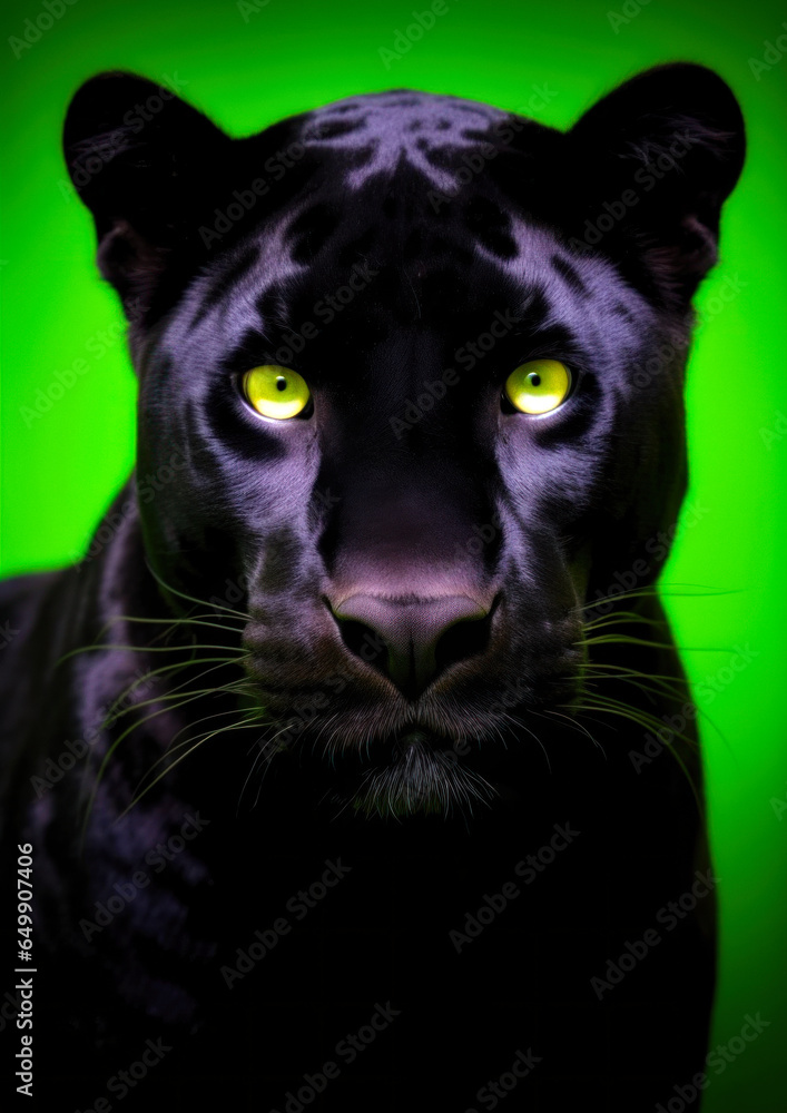 Animal portrait of a black panther on a green background conceptual for frame