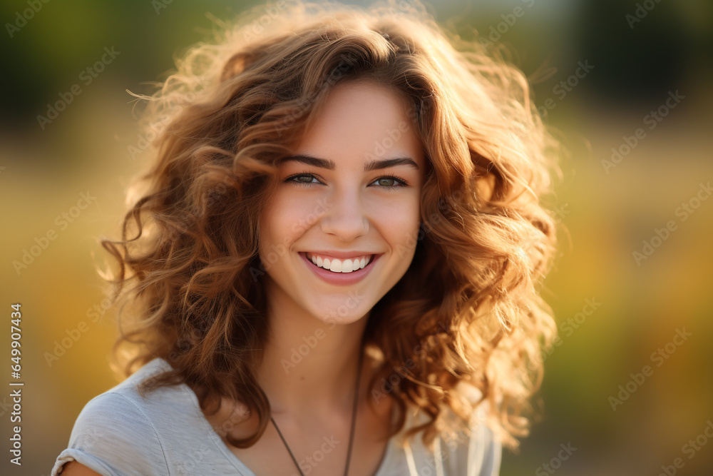 Beauty, make-up, lifestyles concept. Beautiful and happy young woman close-up outdoor portrait. Long hair brunette model smiling and looking at camera. Generative AI Beauty, make-up, lifestyles concept. Beautiful and happy young woman close-up outdoor portrait. Long hair brunette model smiling and looking at camera. Generative AI