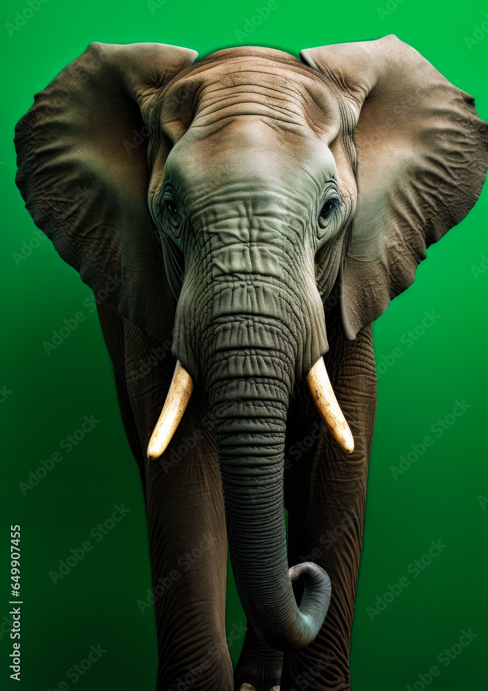 Animal portrait of a elephant on a green background conceptual for frame