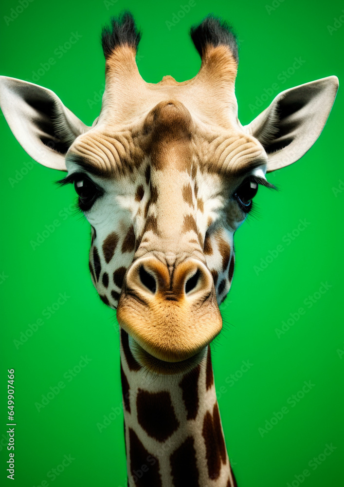 Animal portrait of a giraffe on a green background conceptual for frame