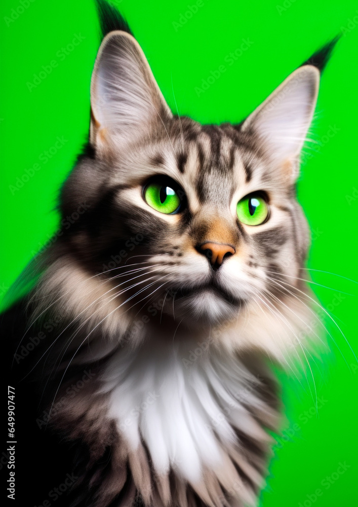 Animal portrait of a gray cat on a green background conceptual for frame