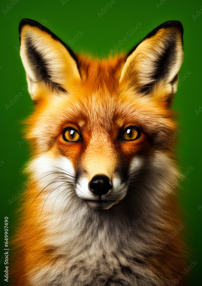 Animal portrait of a fox on a green background conceptual for frame