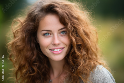 Beauty, make-up, lifestyles concept. Beautiful and happy young woman close-up outdoor portrait. Long hair brunette model smiling and looking at camera. Generative AI