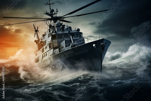 Fast naval vessel with chopper sailing in the ocean, wide poster design with space. Generative AI