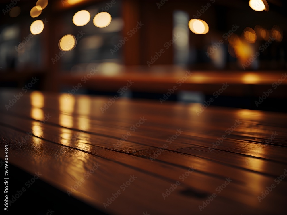 A rustic wooden table is beautifully accentuated by the warm glow of cafe lighting. Overhead bokeh lights infuse the scene with a sense of magic and tranquility