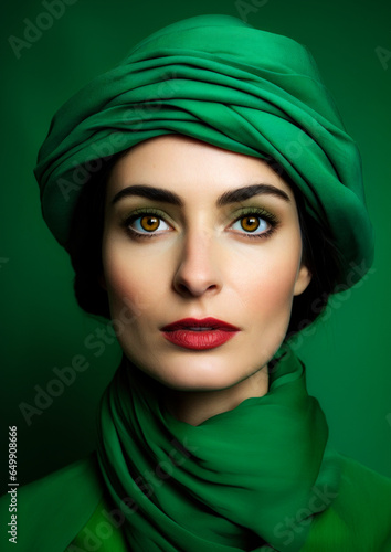 Woman in a hat and green clothes on a conceptual green background for frame