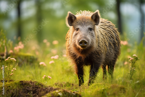 Wild Boar on green grass.ai generative © Oleksandr