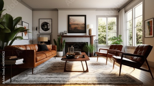 Living room decor  home interior design . Mid-Century Minimalist style with Fireplace Mantel decorated with Leather and Wood material . Generative AI AIG26.