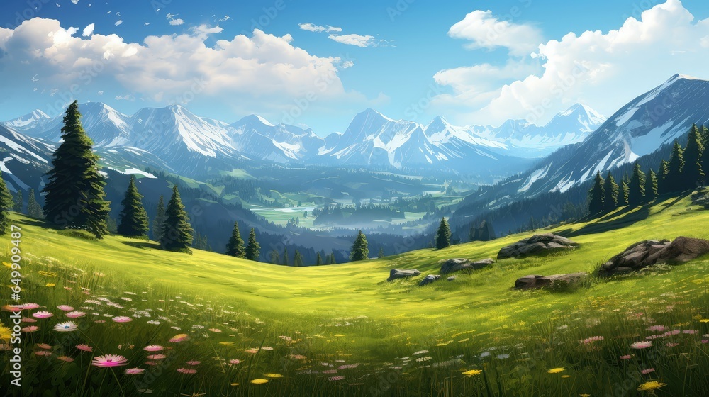 Fototapeta premium green alpine meadows grassy illustration grass scenery, summer blue, nature view green alpine meadows grassy