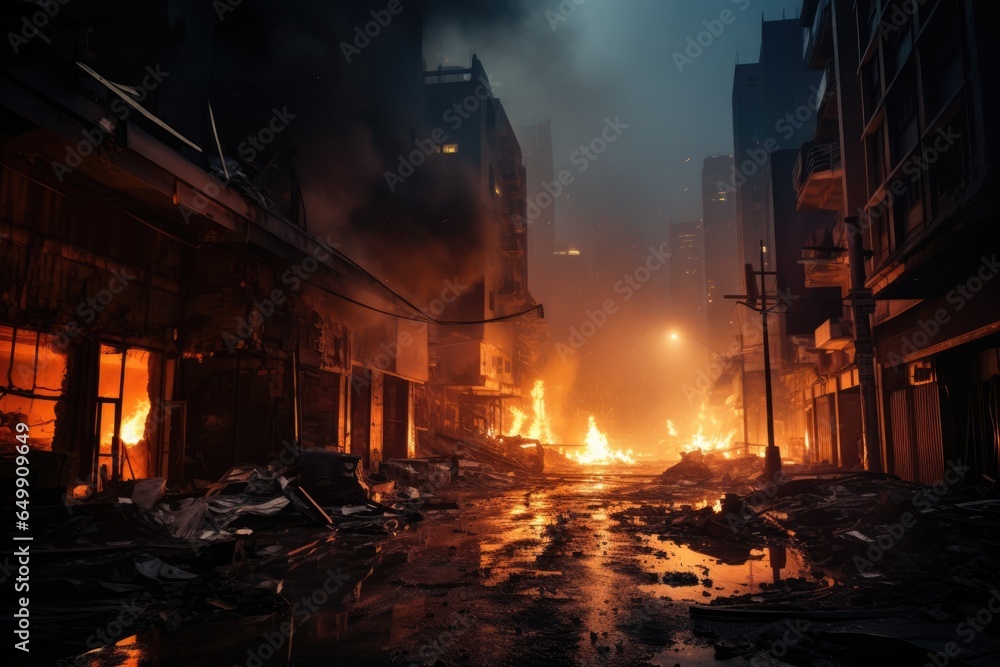 burning skyscrapers. street perspective of a burning post apocalyptic city. war torn disaster. dystopian devastation. 