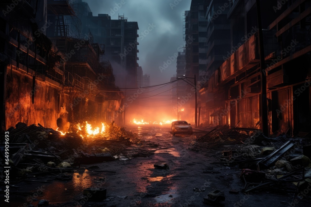 burning cars. street perspective of a burning post apocalyptic city. war torn disaster. devastated city.  - obrazy, fototapety, plakaty 