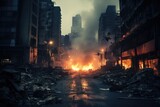 burning street debris. street perspective of a burning post apocalyptic city. war torn disaster. urban devastation. 
