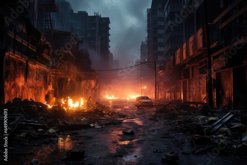 burning cars. street perspective of a burning post apocalyptic city. war torn disaster. devastated city. 