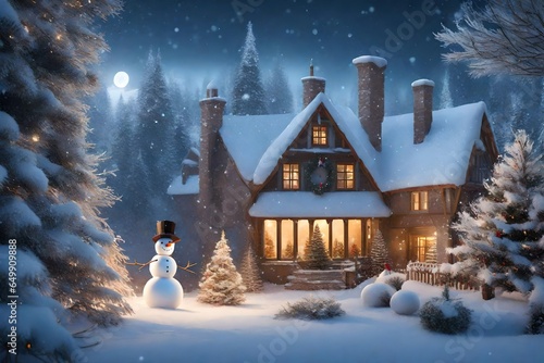 Happy snowman standing in Christmas landscape. Snow background.