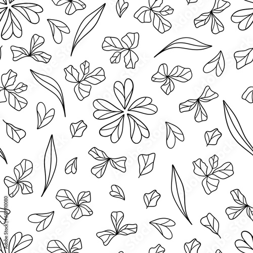 Black flowers and leaves ink style seamless pattern. Vector botany elements hand drawn on white background.