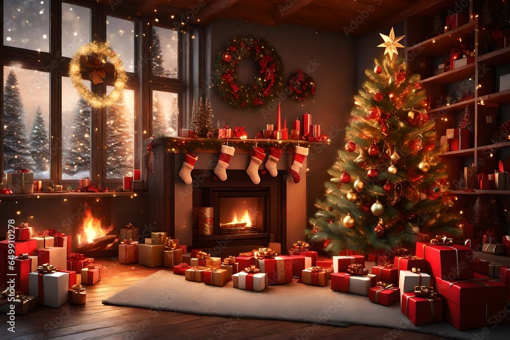 3d rendering Beautiful Christmas gift boxes on floor near fir tree in room