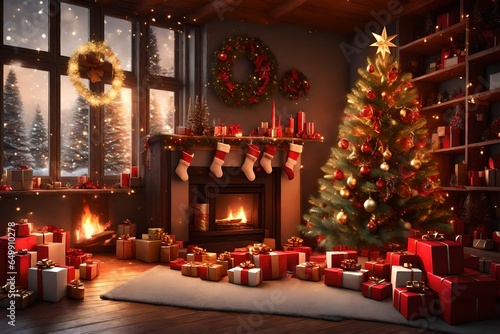 3d rendering Beautiful Christmas gift boxes on floor near fir tree in room © Ahtesham