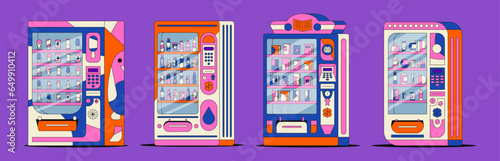 Retro vending machine with food, snacks and drinks. Automatic square cabinet commercial equipment. Vending machine with buttons for dispensing food