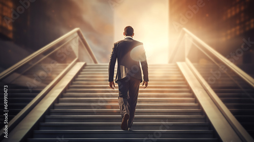 Ambitious and confident businessman in suit climbing the stairs to success.ai generative