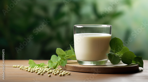 Alternative soya milk background with glass of milk and place for text. Plant based eco organic healthy product concept.ai generative