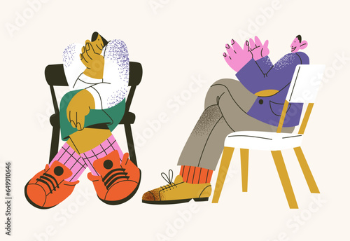 Psychological therapy cartoon retro characters dialogue. The psychologist listens to the patient, the person communicates with the therapist. Psychological help concept