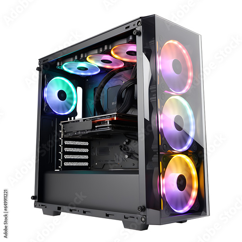 concept design of gaming workstation station custom pc computer build with glass windows and RGB led