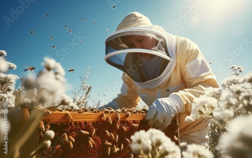 Beekeeper wears protective clothing and gathers honey surrounded by flowers, the sun is shining brightly. Generative AI