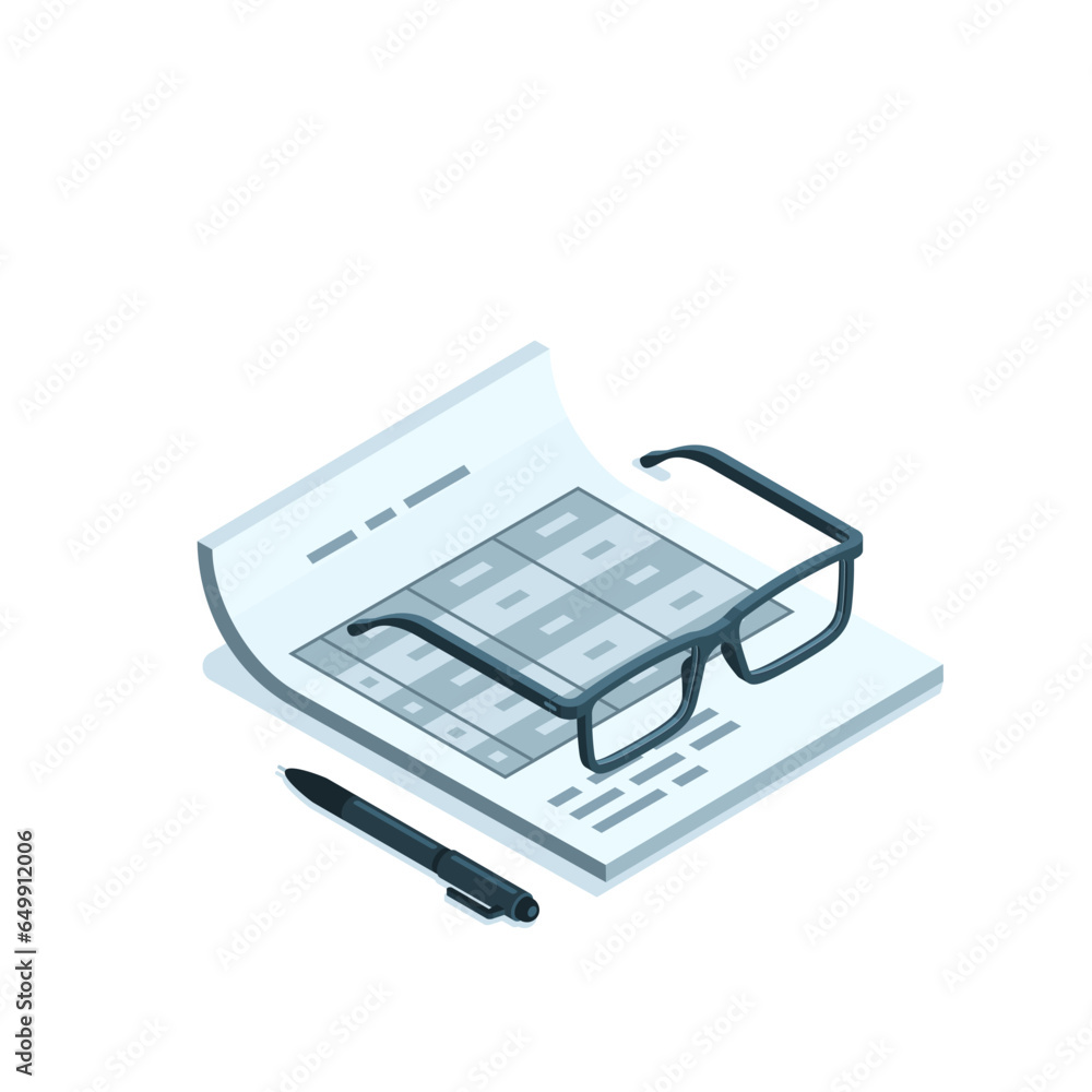 isometric sheet of paper with table and glasses, in color on a white background, business attributes or working with statistical data isometric sheet of paper with table and glasses, in color on a white background, business attributes or working with statistical data