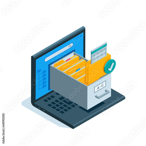 isometric laptop in the form of an archive of folders, in color on a white background, digital archive with documents and data