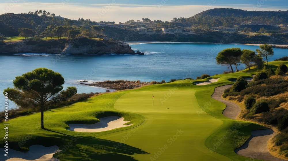 green spanish coastal golf illustration vacation spain, sky travel, sport coast green spanish coastal golf - obrazy, fototapety, plakaty 