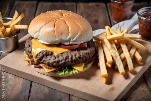 Burger with fries and sauces © Mahrowou